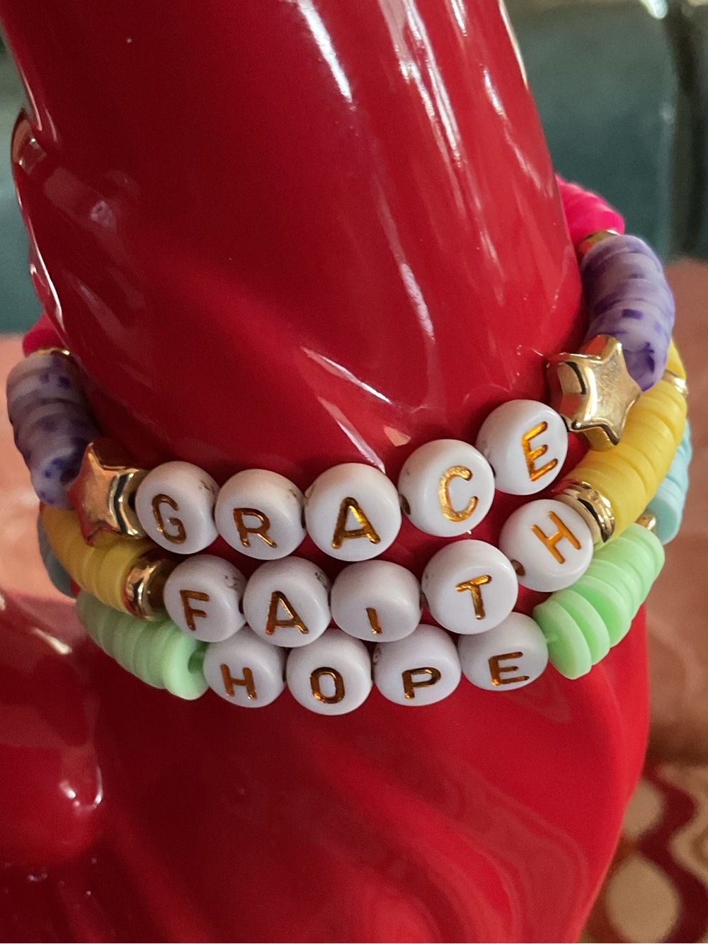Set of 3 Stackable 'Grace Faith Hope' Beaded stretch Bracelet Set - Multicolor